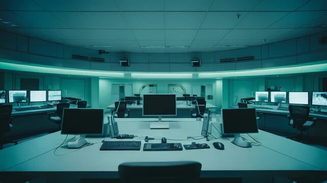 Modern security control room featuring several computer monitors displaying surveillance footage in a high tech environment for managing advanced operations and monitoring systems