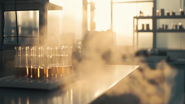 Laboratory workstation featuring multiple test tubes filled with dark liquid, producing a white vapor cloud on the counter as golden sunlight streams through a large window