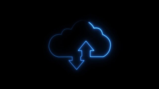 Cloud computing glowing neon Downloading icon animation on black background