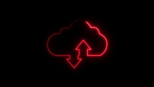 Cloud computing glowing neon Downloading icon animation on black background