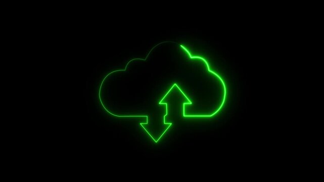 Cloud computing glowing neon Downloading icon animation on black background