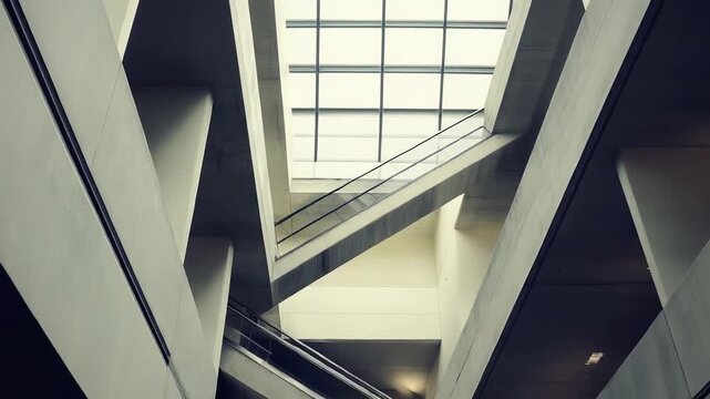 Modern architectural interior of a building, featuring escalators, concrete walls, and a skylight creating abstract geometric shapes and dynamic lines with a perception of movement
