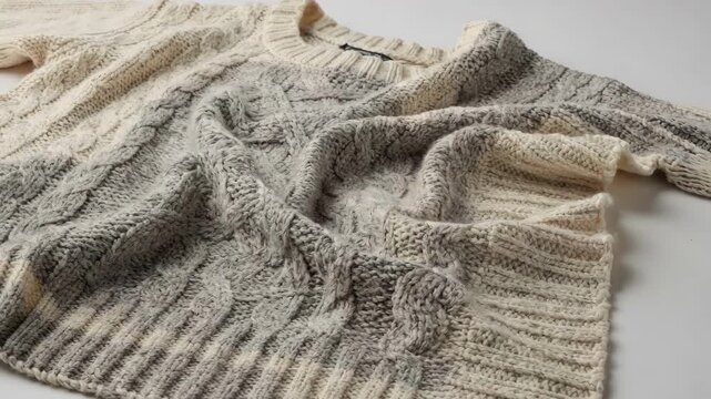 Medium framing of knitwear fabric being treated with shrinkresist technology showcasing detailed knitting patterns maintained without distortion or shrinkage after multiple washes.