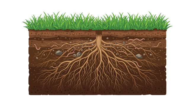 A detailed cross-section shows green grass with extensive roots, rocks, and earthworms living within the brown soil layers.