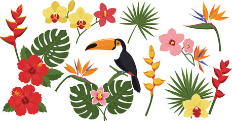 Fototapeta premium Colorful illustration of a toucan surrounded by tropical flowers and leaves in a vibrant jungle scene