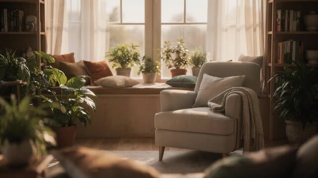 Sunlit bay window nook with a comfortable armchair in sharp focus surrounded by outoffocus cushions plants and shelves for a tranquil reading retreat.