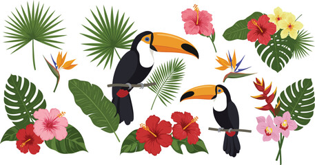 Fototapeta premium Toucan birds perched among tropical flowers and foliage in a vibrant jungle scene illustration