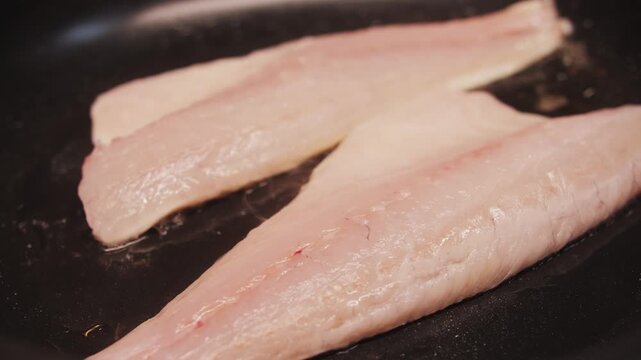 White dorado fillet is fried in a pan with olive oil. Close-up of frying white fish. High quality 4k footage