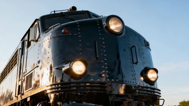 Vintage Locomotive Front Close Up with Headlights On