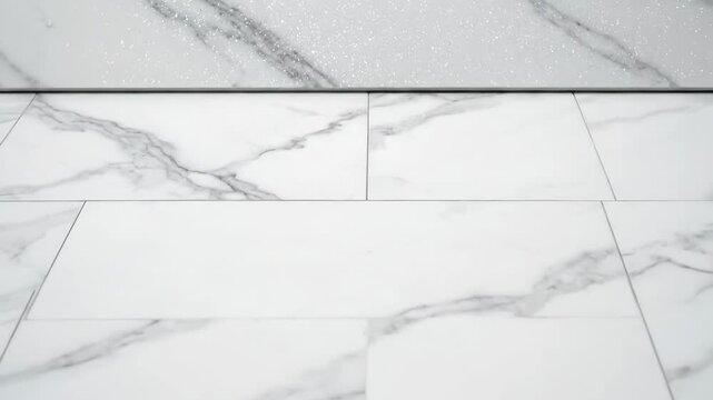 Professional floor cleaning process using a special powder on marble effect tiles. Home renovation service showing the before and after on new porcelain stoneware flooring