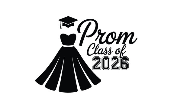 A minimalist vector graphic illustration of a prom dress and graduation cap for the class of 2026