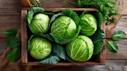 Fototapeta premium A wooden crate filled with green cabbage. The cabbage is fresh and ready to be eaten