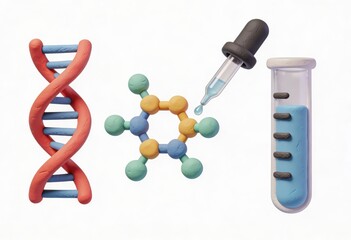 Colorful DNA model depicting molecular structure and laboratory tools, showcasing the intricacies of genetics and chemical experiments in a vibrant educational setup
