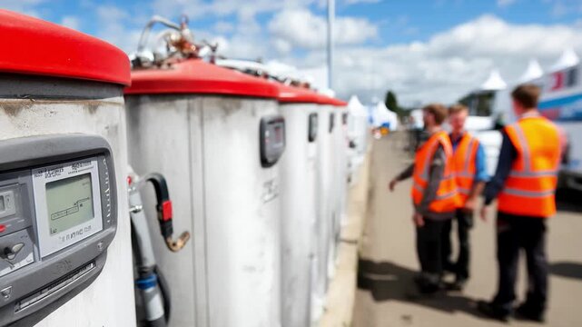 Closeup medium shot of technicians monitoring methane gas meters connected to waste decomposition tanks showcasing sustainable energy innovation and scalability.
