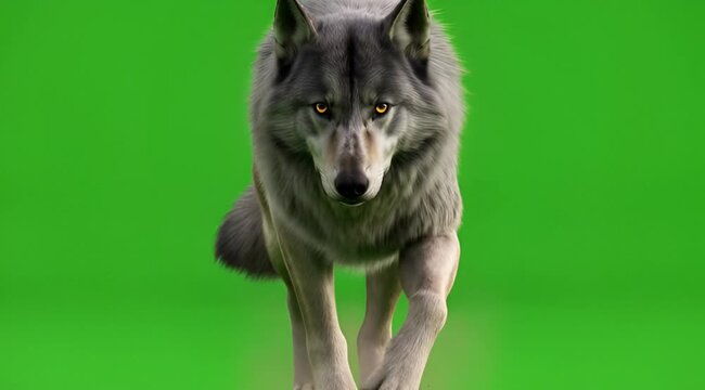 Majestic wolf walking towards camera on green screen background