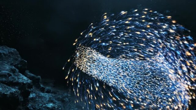 Mesmerizing School of Fish Swimming in Dark Ocean Depths.