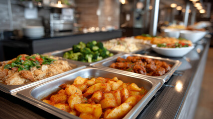 Obraz premium Delicious buffet spread with diverse dishes in modern restaurant