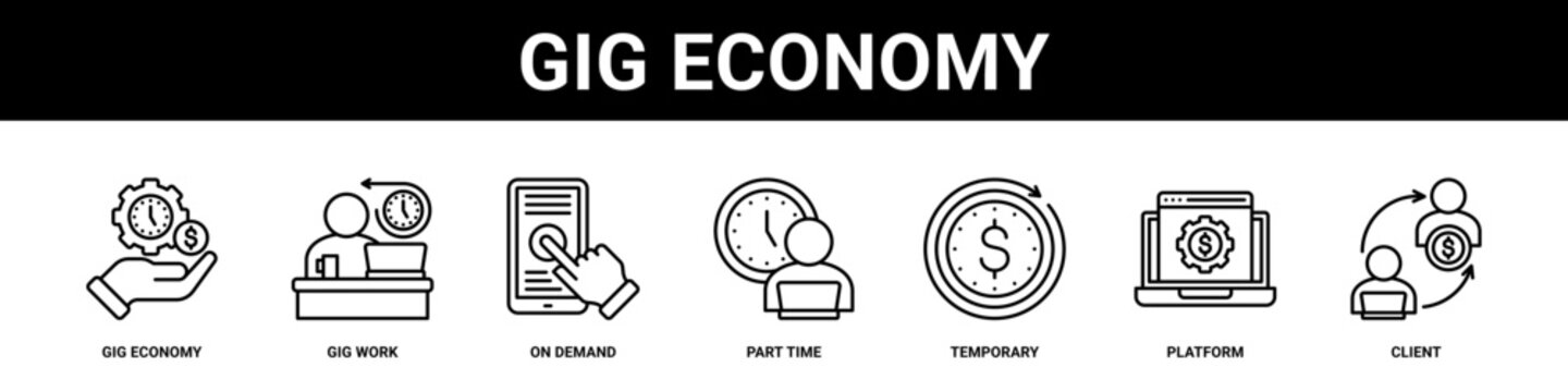 Gig Economy web banner icon set collection solid style.