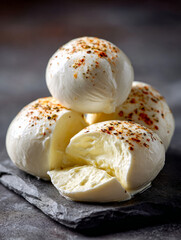Fresh mozzarella cheese balls with spices on rustic slate