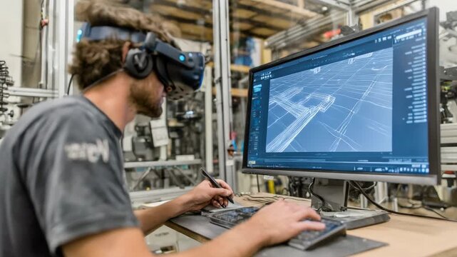 Technologist using simulation mode in VR to prototype and refine complex mechanisms in a controlled digital space.