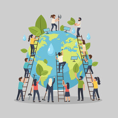People working together to protect and care for the planet Earth with solar panels and water drops.