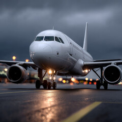 Commercial airplane on runway during twilight