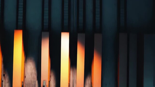 Freight locomotives and railcars stand parked on multiple parallel railway tracks at a large industrial train yard, seen from a high aerial perspective during sunset