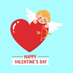 Happy Valentine's Day Greeting with Cute Cartoon Cupid Peeking Over Red Heart
