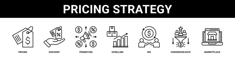 Pricing Strategy web banner icon set collection solid style.