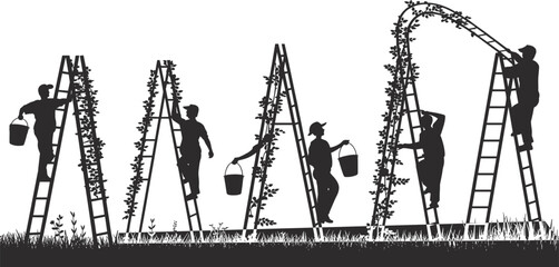 Silhouettes of people on ladders tending to plants in a field © Icons World