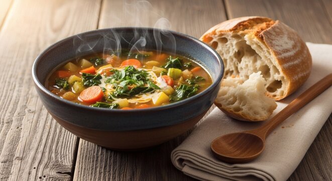 Steaming Homemade Vegetable Soup in Rustic Ceramic Bowl with Fresh Bread on Wooden Table, Comfort Food Winter Meal