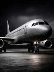Commercial airliner on tarmac under dramatic stormy sky
