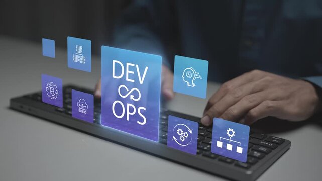 DevOps concept. Person typing keyboard with DevOps and automation icons, continuous integration, continuous deployment, software development and IT operations.