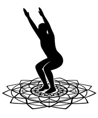 Minimalist Yoga Silhouette in Utkatasana Chair Pose on Sacred Mandala Pattern for Power and Energy

