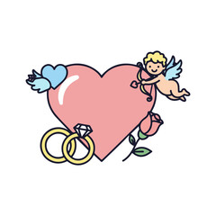Valentine's Day Heart with Cupid, Rings, Rose, and Winged Heart