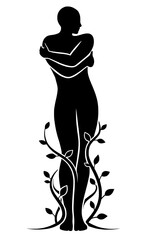 Minimalist Silhouette of Person Hugging Self with Vines for Self Compassion and Grounding

