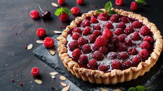 Raspberry tart with powdered sugar, surrounded by cherries and almonds