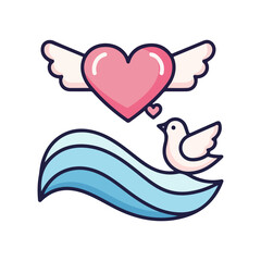 Winged Heart with Bird on Blue Wave