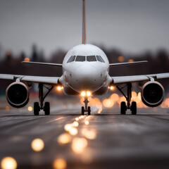 Commercial airplane landing on illuminated runway at dusk