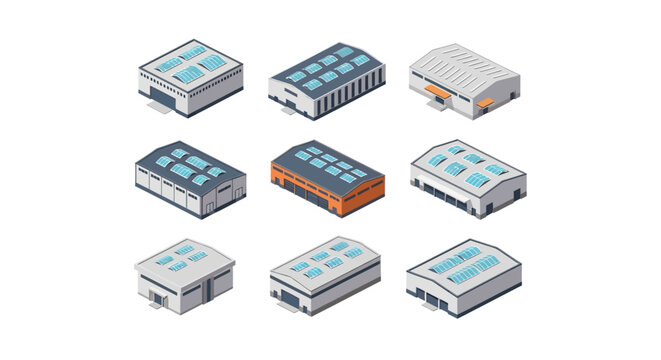A collection of isometric industrial warehouse buildings with varying roof and facade designs, perfect for architectural or logistics concepts