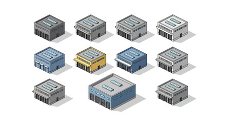 Isometric 3D Models of Modern Commercial Buildings and Offices in a Grid Layout