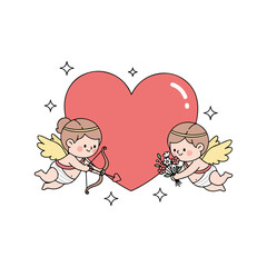 Cute Cartoon Cupids with Heart, Bow, Arrow, and Flowers