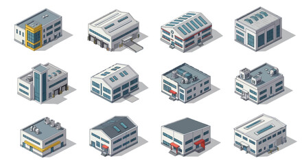 Collection of isometric industrial buildings and factories with clean, modern architecture, perfect for construction and urban development concepts