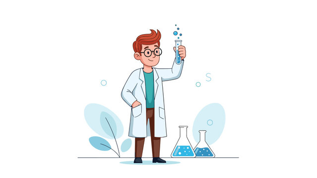Friendly cartoon scientist in a white lab coat holds up a blue test tube while standing near glass beakers in a clean laboratory setting.