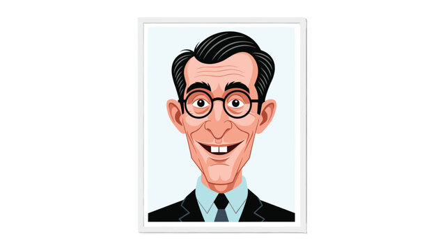 Comic caricature of a smiling man with glasses and a suit is presented in a simple white frame for a lighthearted and humorous portrait concept.