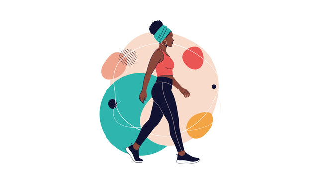 Young black woman wearing fitness attire is walking for exercise against a background of abstract shapes and colorful circular design elements.