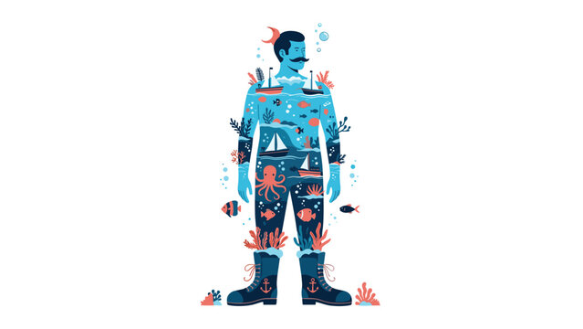 Surreal illustration of a man with his body filled with ocean waves, boats, and marine life representing deep inner thoughts and emotions.