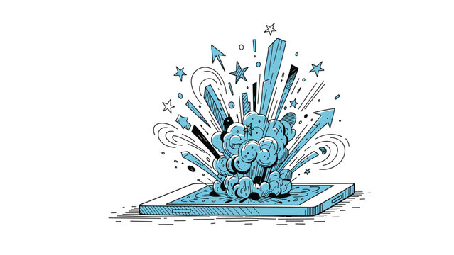 Stylized blue explosion of stars, arrows, and geometric shapes is bursting out from the screen of a modern smartphone to signify a digital impact.