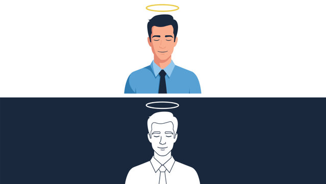Conceptual illustration shows a man with a golden halo in two styles with a colored version on top and a simple line art drawing below for contrast.