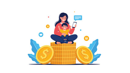 Naklejka premium Mother and her young child sit happily on stacks of golden coins while using a smartphone, symbolizing family savings and investment.